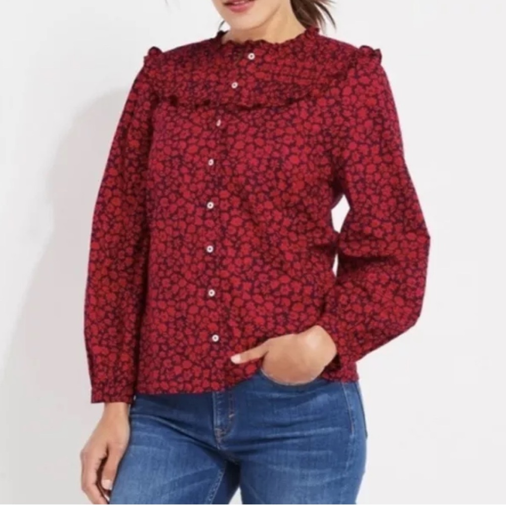 Vineyard Vines Floral Blouse Top Long Sleeves Button Front Red Navy Sz 6
